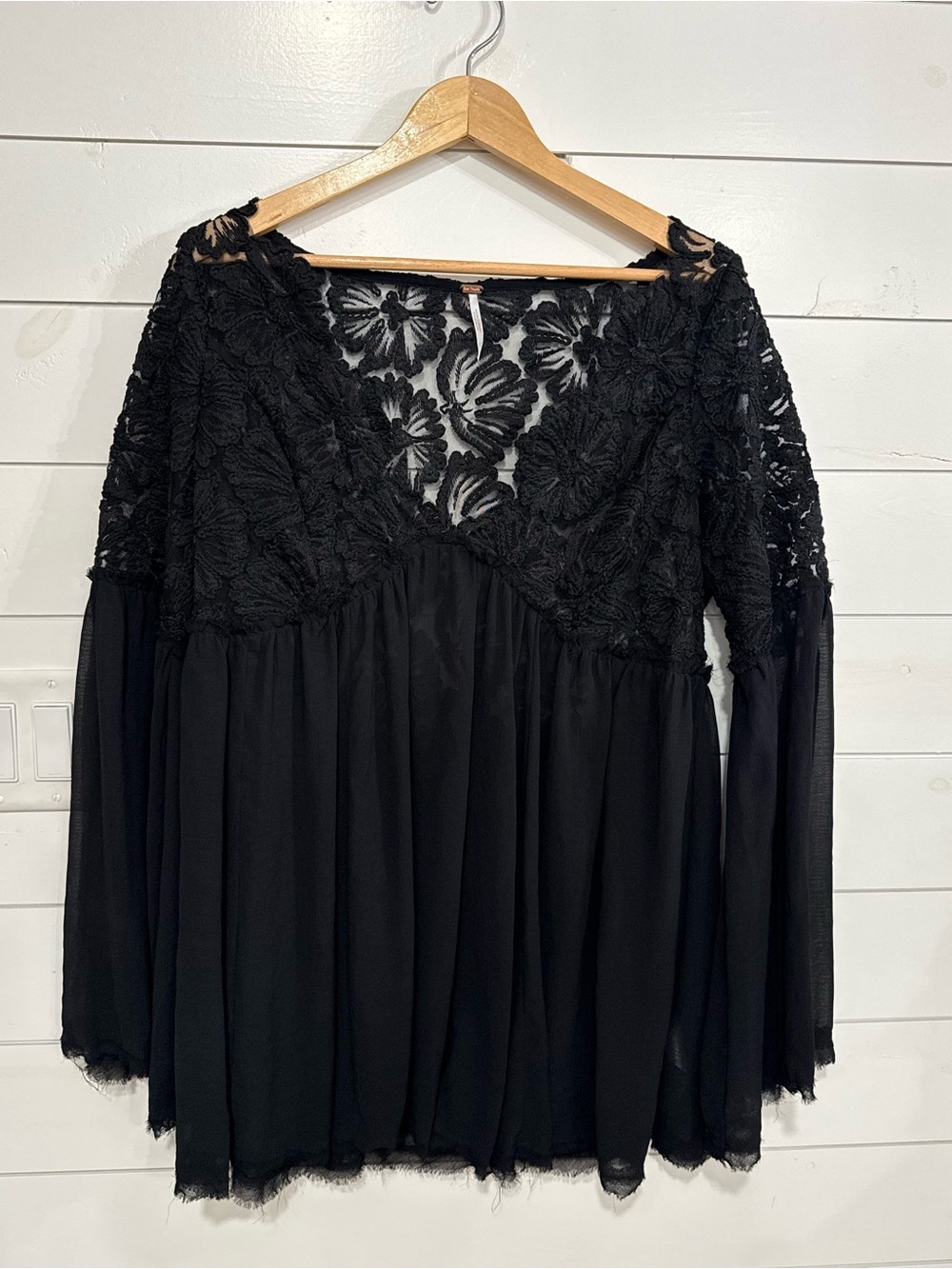 Free Peopke Black Lace Yoke Long Sleeve Women’s Dress medium Boho  Gothic Glam